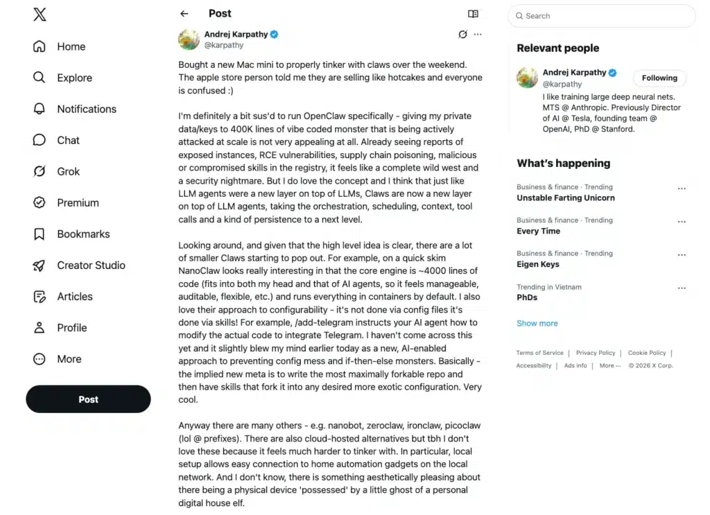 Andrej Karpathy tweet về tính bảo mật của OpenClaw