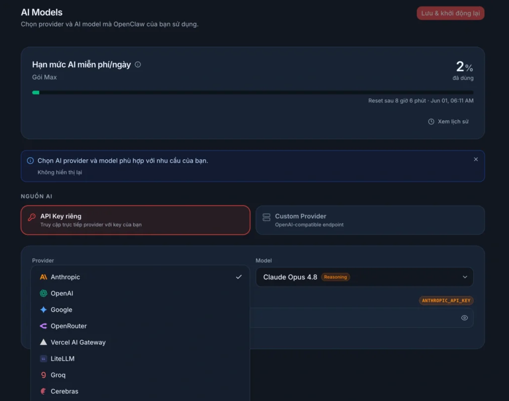 Cấu hình API models trong TryOpenClaw.io