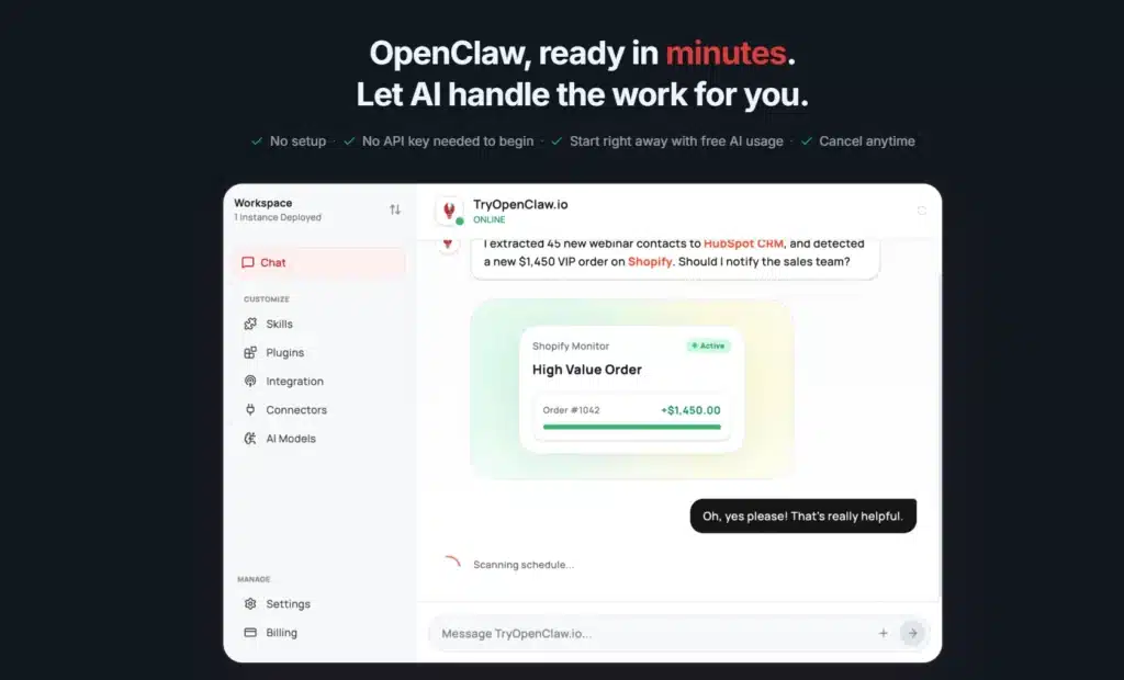 TryOpenClaw interface