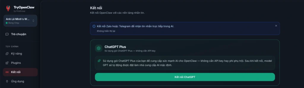 Kết nối với ChatGPT Plus trong TryOpenClaw.io