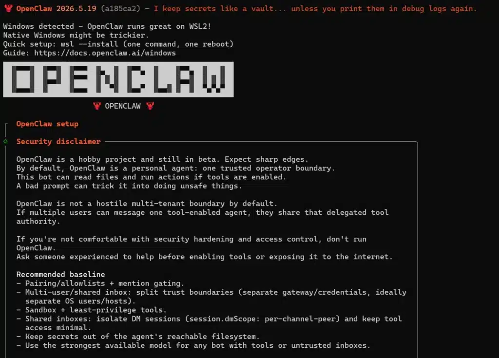 The interface after downloading OpenClaw in Terminal.