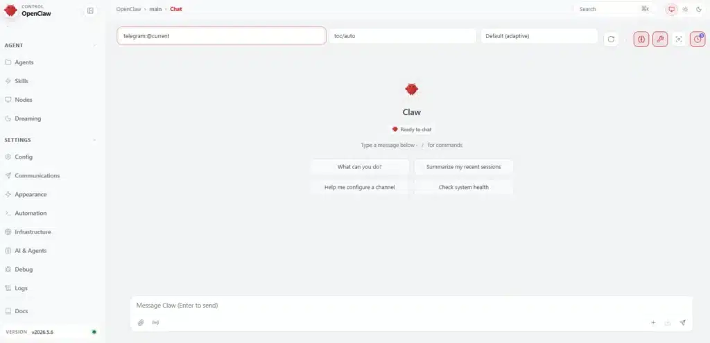 Tự cấu hình workflow, AI Agent trên ChatUI của TryOpenClaw