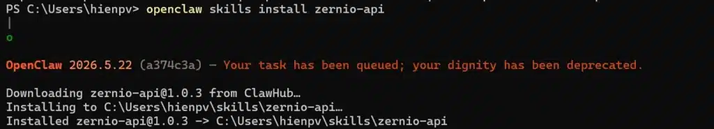 Ví dụ về cài đặt Zernio skills trên Window PowerShell