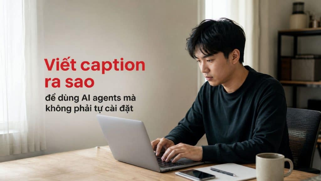 Viết caption ngắn trên laptop trong không gian làm việc nhỏ