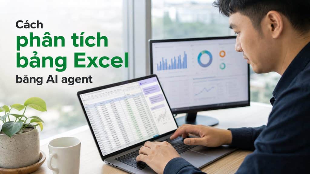 Phân tích Excel bằng AI trên laptop với bảng và biểu đồ