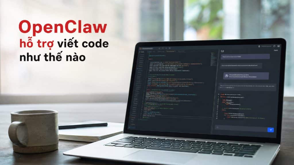 OpenClaw hỗ trợ code trên laptop với khung chat và mã nguồn