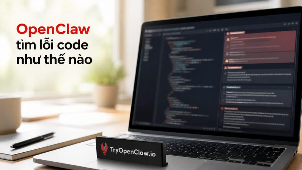 Giao diện OpenClaw tìm lỗi code trên màn hình laptop